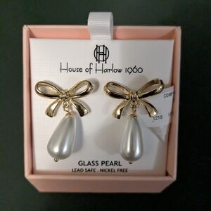 House of Harlow 1960 Gold Bow Earrings with Pearl Drops